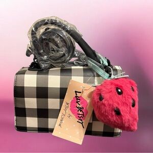 Plaid Crossbody Bag with Strawberry Charm